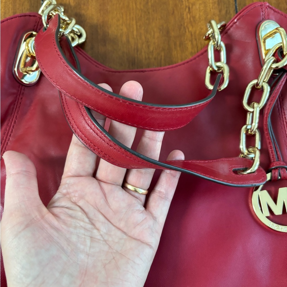 Michael Kors Lily Red Lambskin Leather Gold tone Chain Straps Tote - Picture 6 of 10
